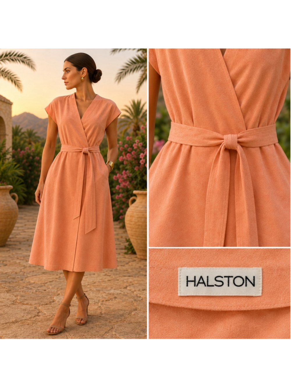 Authentic Vintage Halston Apricot Ultrasuede Belted Wrap Midi Dress Small